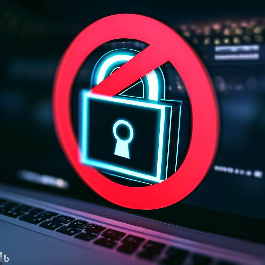 image of a red padlock on a colorful laptop screen with a no entry symbol across it