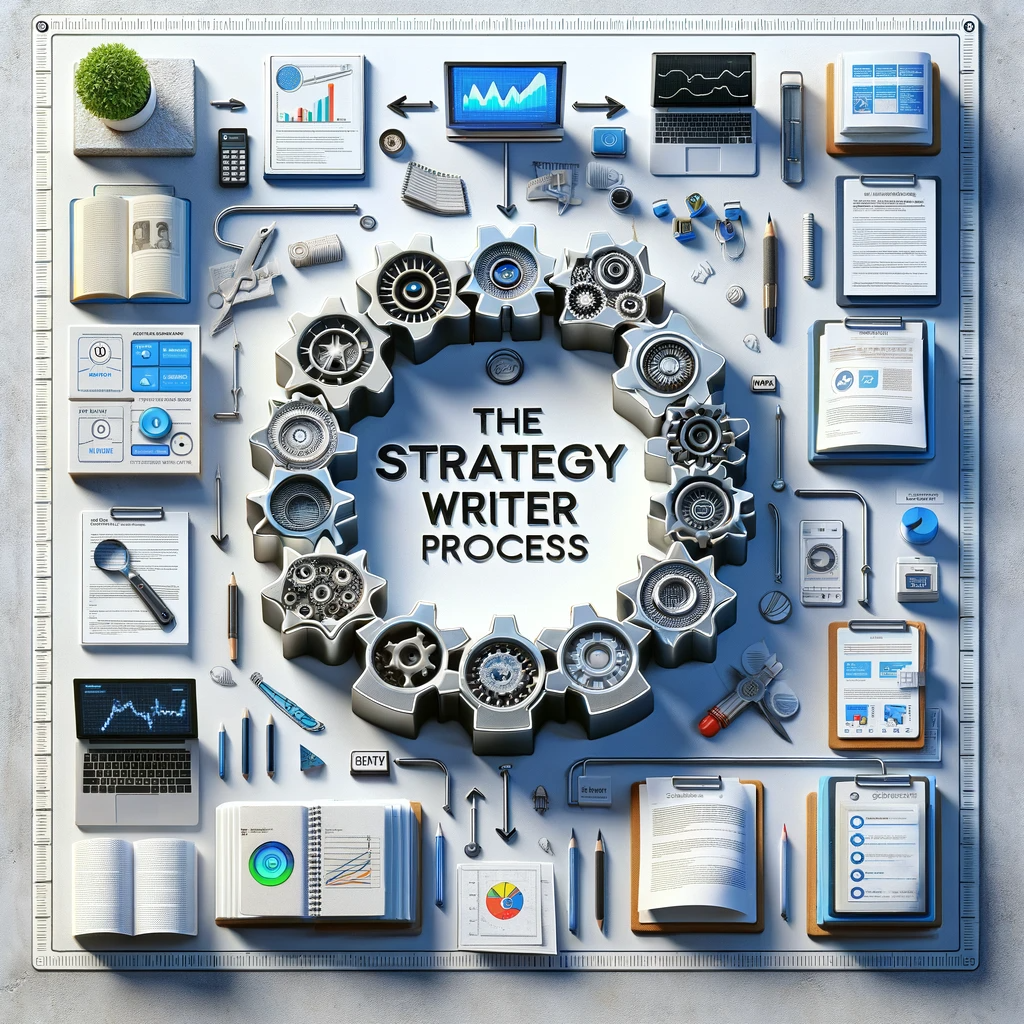 DALL·E 2023 12 20 18.30.27 A photorealistic 4K resolution square image for a Process Breakdown section of a copywriting service page illustrating The Strategy Writer Proces