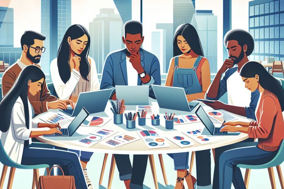 Illustration of a diverse group conducting audience research, featuring a Black woman, Caucasian man, Asian man, Hispanic woman, and Middle-Eastern woman around a table with reports, charts, and laptops in a modern meeting room with city views.