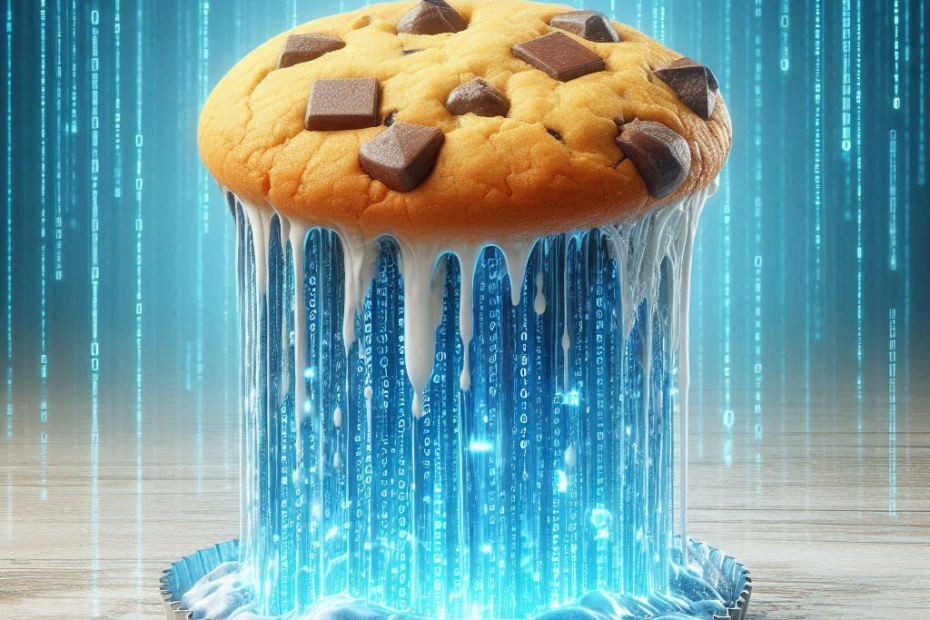 An illustration of a melting cookie transforming into streams of digital code, symbolizing the shift to cookie-less marketing.